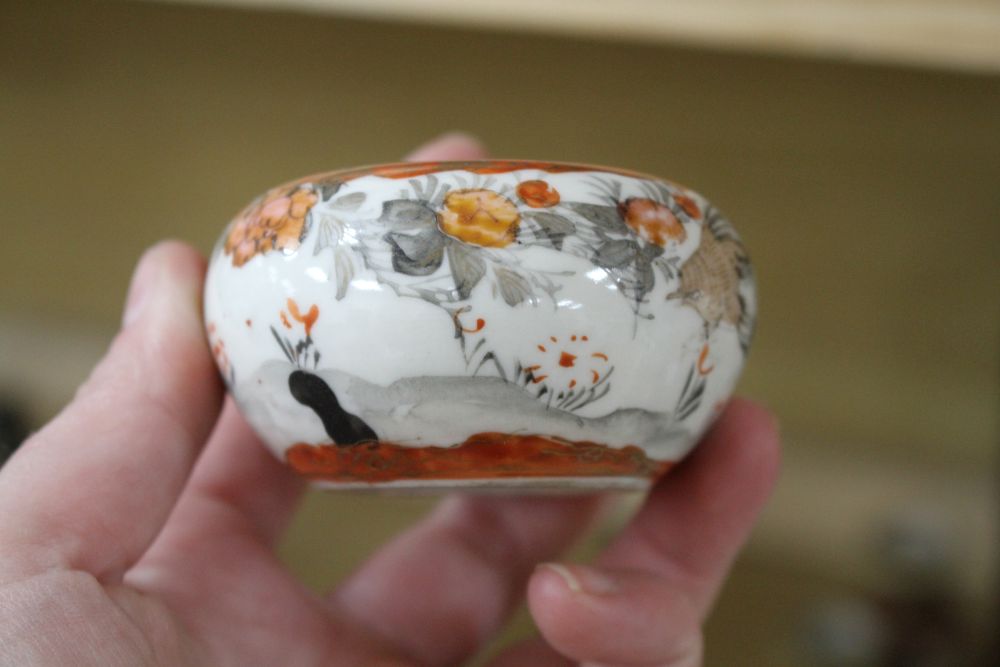 A Chinese blue and white jug, Japanese lacquer box and mixed Japanese ceramics